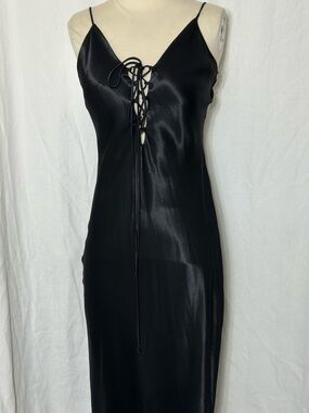 Zara Maxi Black Satin Lace-Up Slip Dress Spaghetti Straps